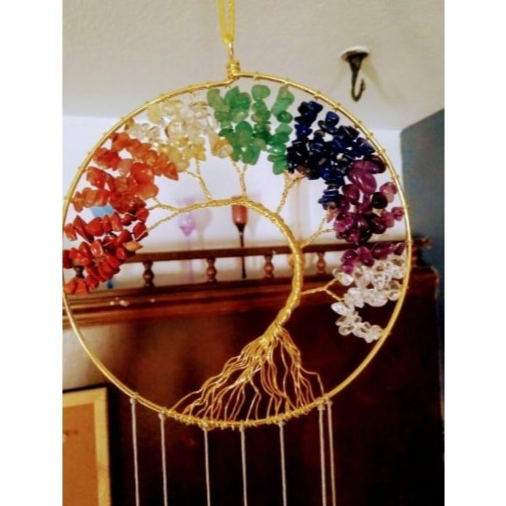 Tree of Life Agate Slice Wind Chime, Handmade 7 Chakra Stone Healing Crystal